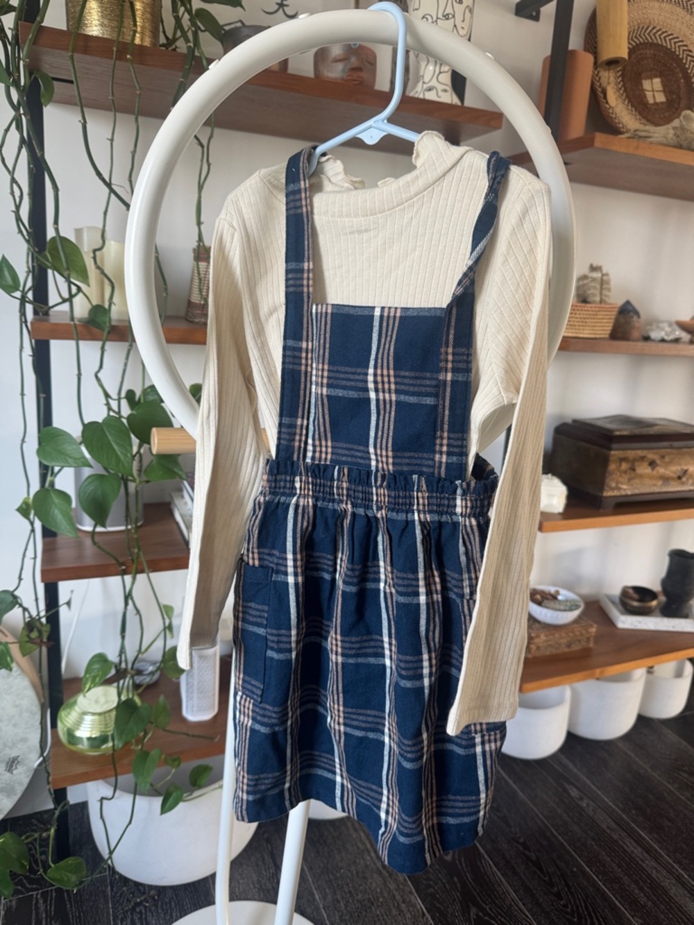 wonder nation Navy Plaid Pinafore with Cream Ribbed Top